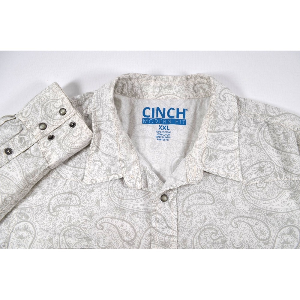 Cinch Western Shirt Mens XXL Mod Fit Paisley White & Gray Pearl Snap Long Sleeve